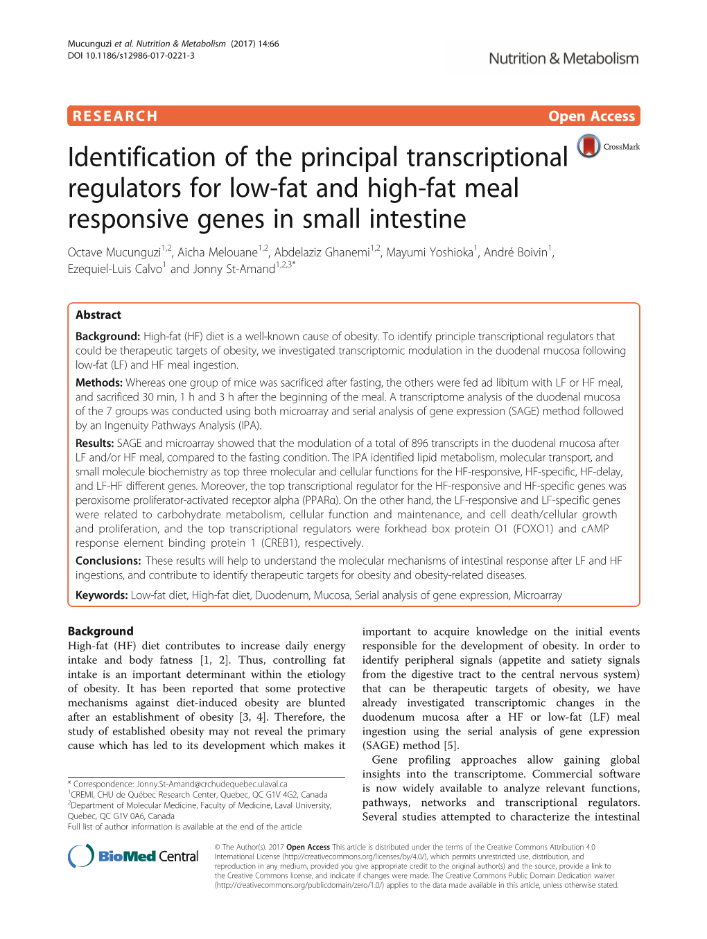 Identification of the Principal Transcriptional Regulators for Low-Fat