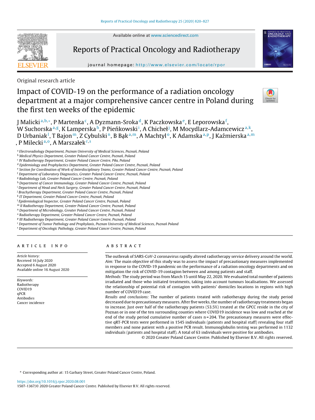 Impact of COVID-19 on the Performance of a Radiation Oncology