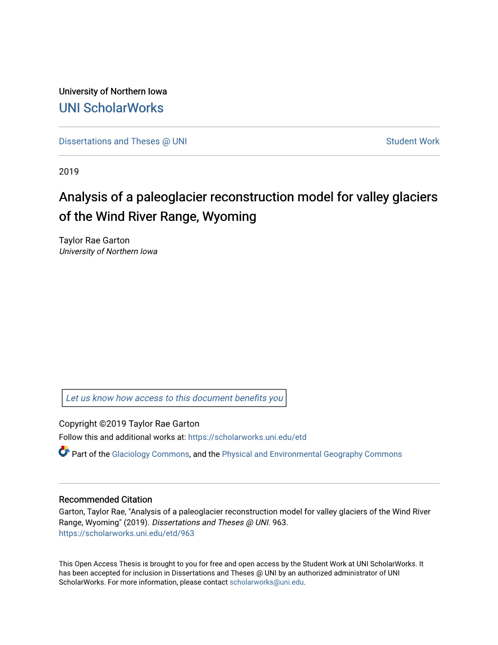 Analysis of a Paleoglacier Reconstruction Model for Valley Glaciers of the Wind River Range, Wyoming