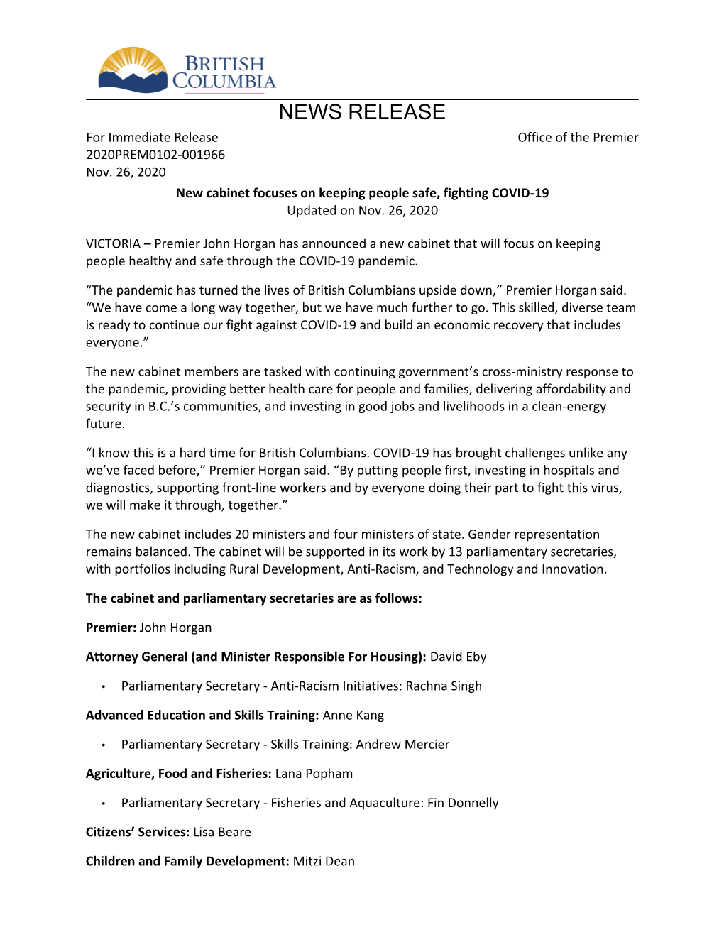 NEWS RELEASE for Immediate Release Office of the Premier 2020PREM0102-001966 Nov