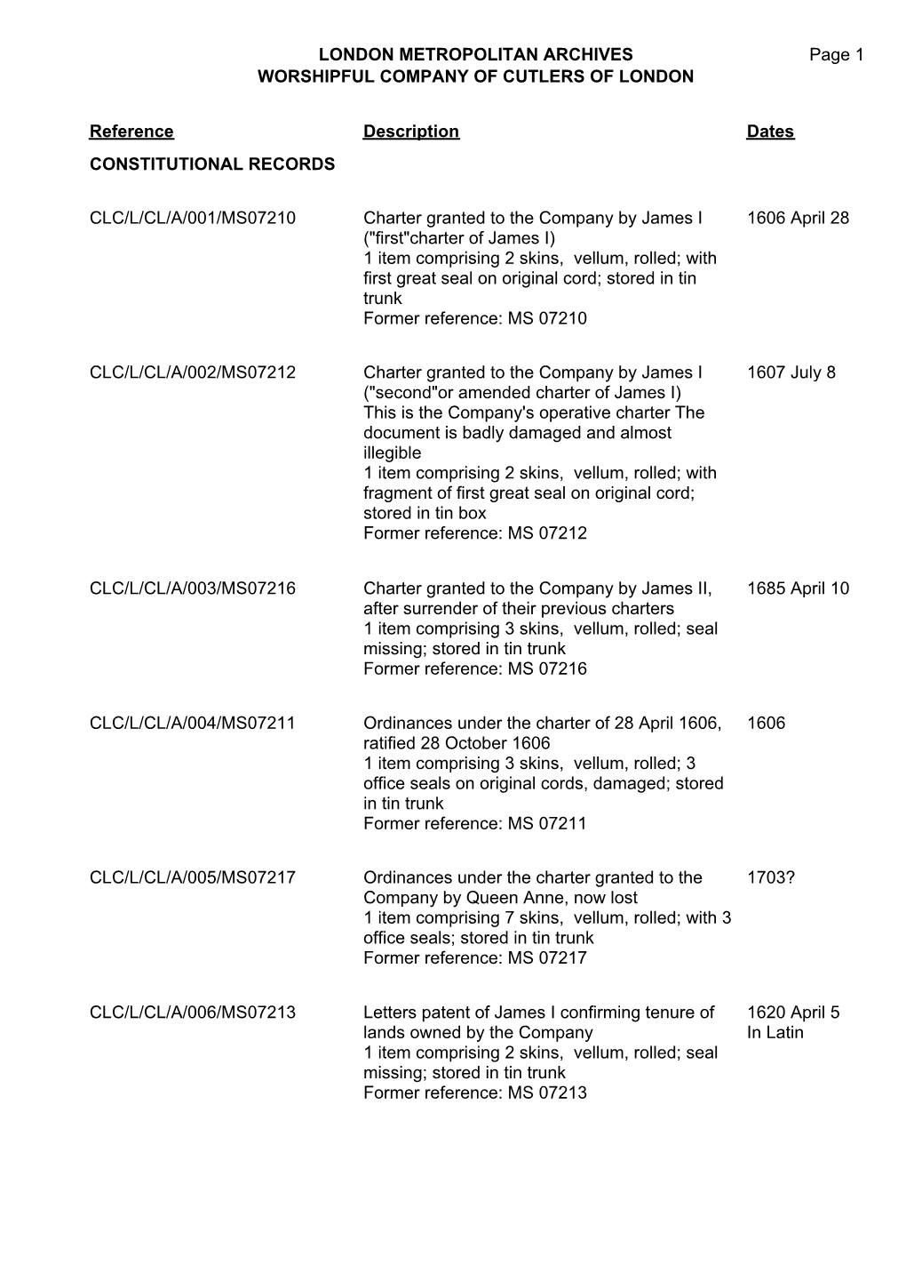 LONDON METROPOLITAN ARCHIVES Page 1 WORSHIPFUL COMPANY of CUTLERS of LONDON