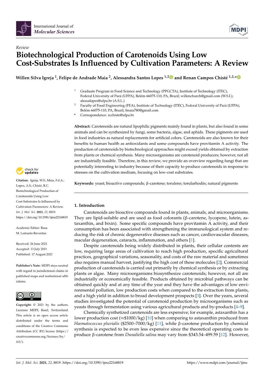 Biotechnological Production of Carotenoids Using Low Cost-Substrates Is Influenced by Cultivation Parameters: a Review