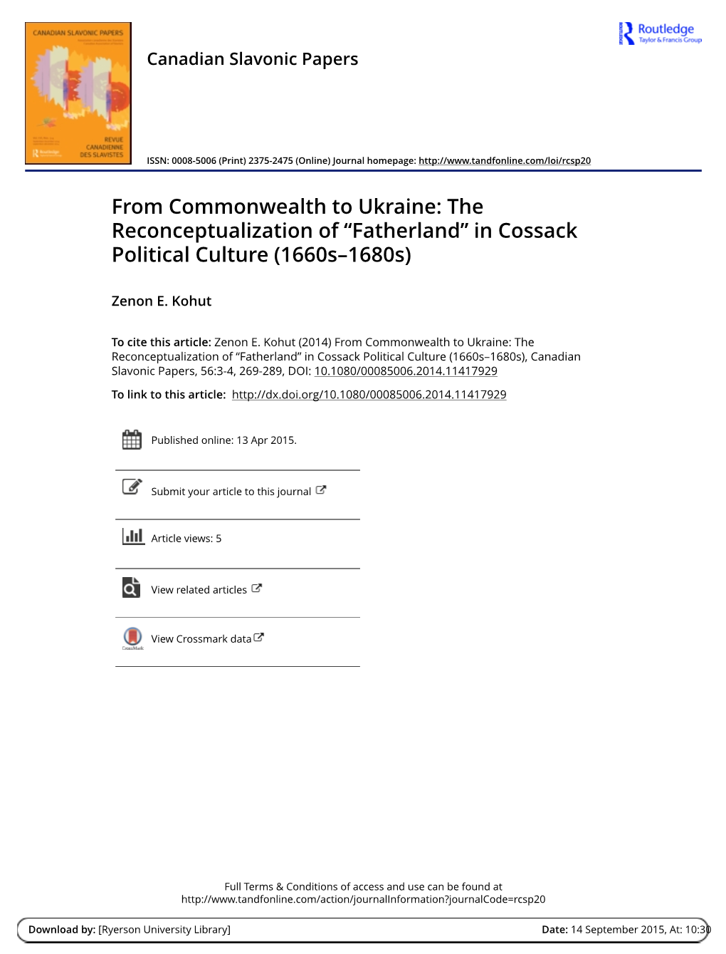 From Commonwealth to Ukraine: the Reconceptualization of “Fatherland” in Cossack Political Culture (1660S–1680S)