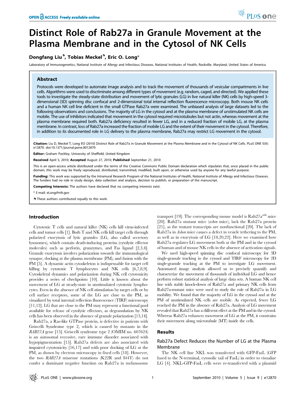 Distinct Role of Rab27a in Granule Movement at the Plasma Membrane and in the Cytosol of NK Cells