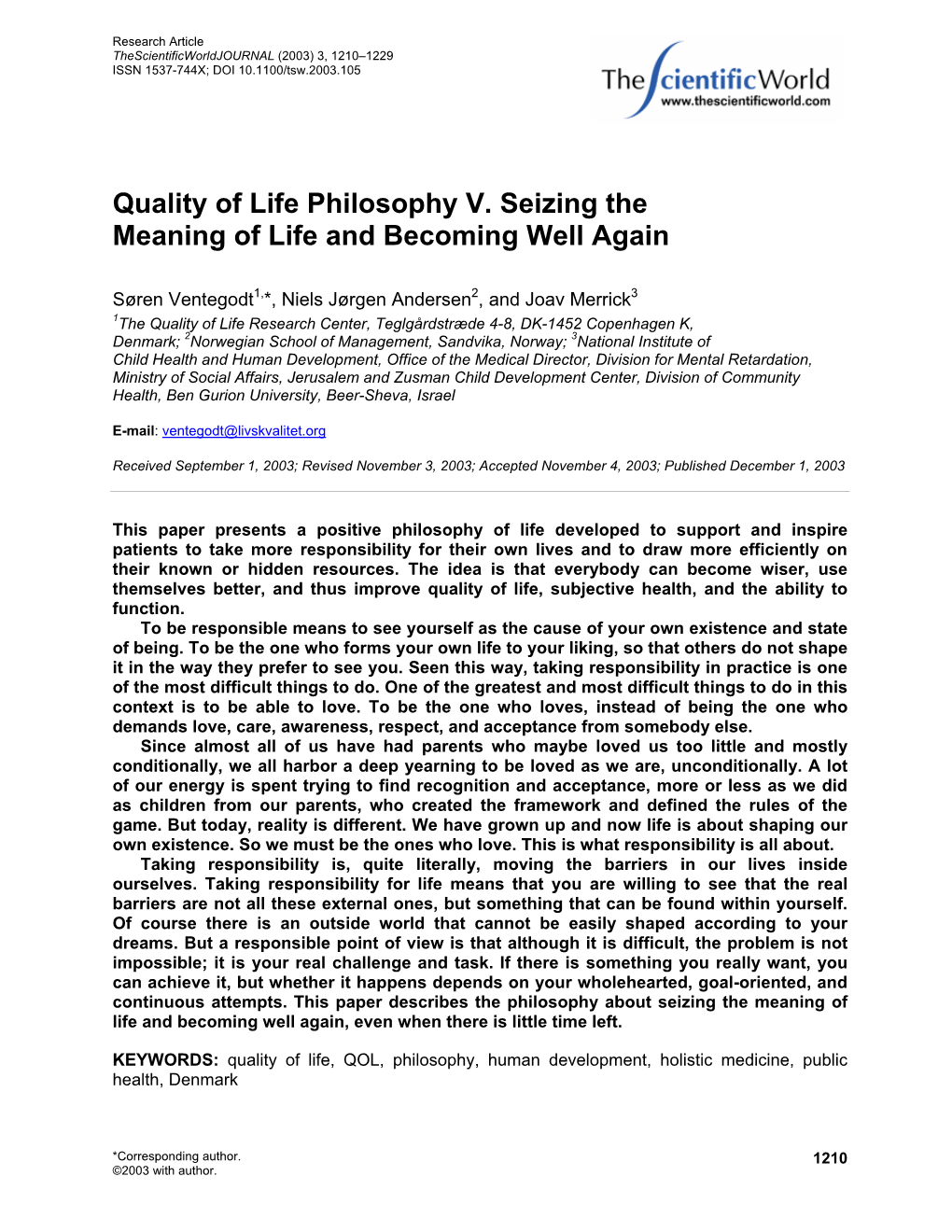 Quality of Life Philosophy V. Seizing the Meaning of Life and Becoming Well Again