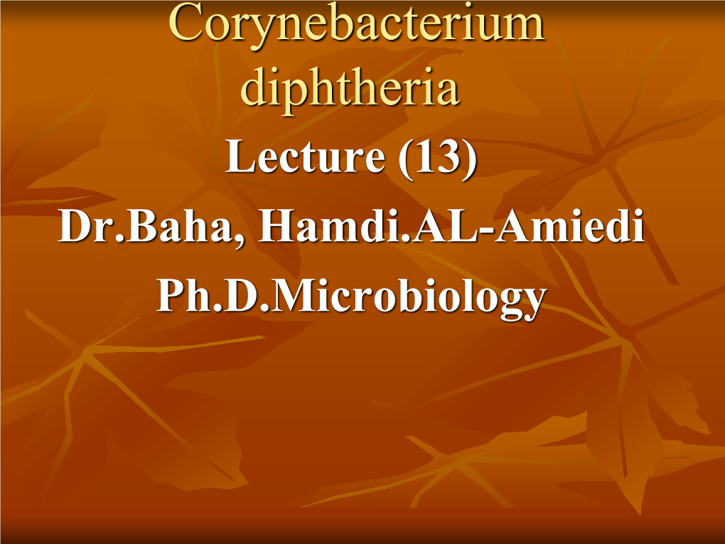 Corynebacterium Diphtheria Lecture (13) Dr.Baha, Hamdi.AL-Amiedi Ph.D.Microbiology