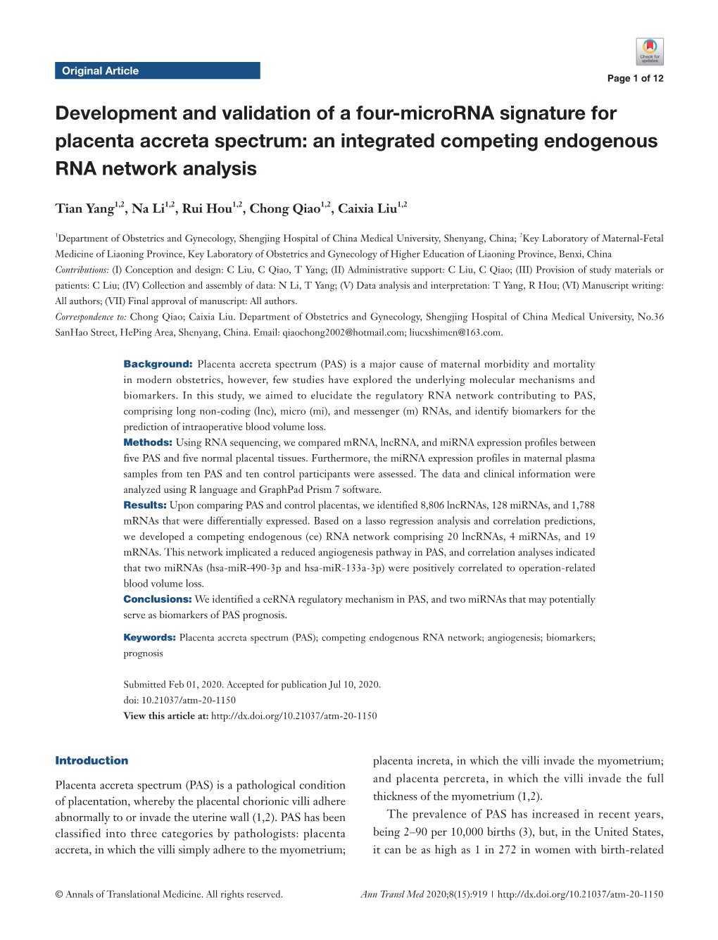 Development and Validation of a Four-Microrna Signature for Placenta Accreta Spectrum: an Integrated Competing Endogenous RNA Network Analysis