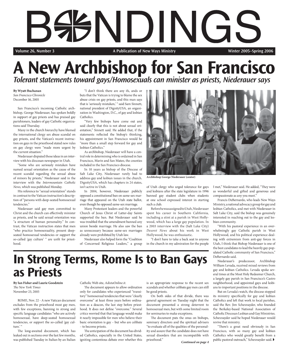 A New Archbishop for San Francisco Tolerant Statements Toward Gays/Homosexuals Can Minister As Priests, Niederauer Says