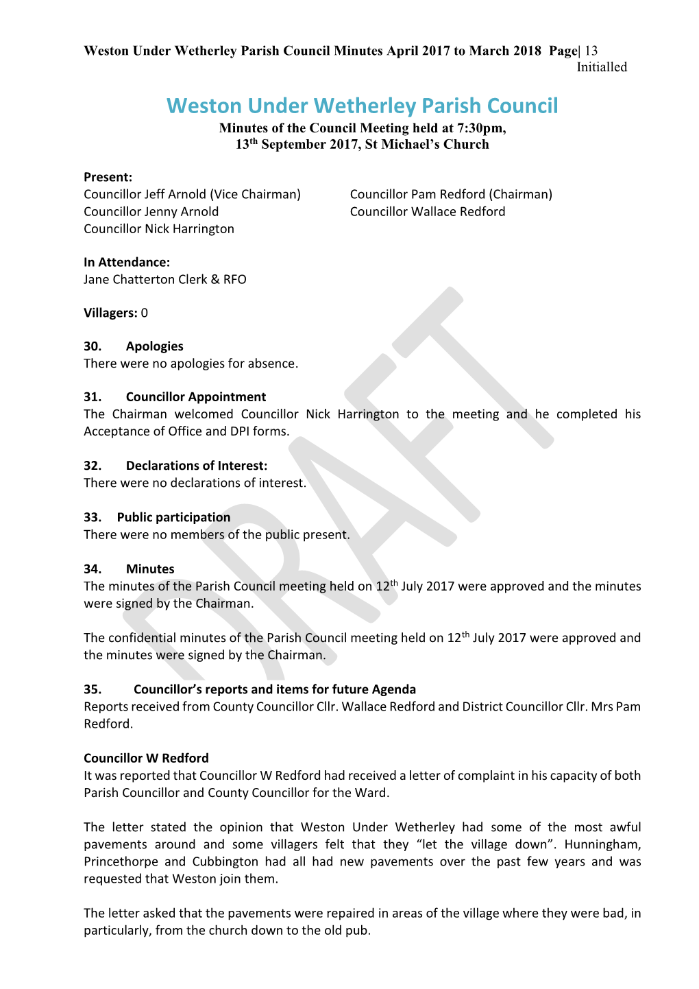 Weston Under Wetherley Parish Council Minutes April 2017 to March 2018 Page| 13 Initialled