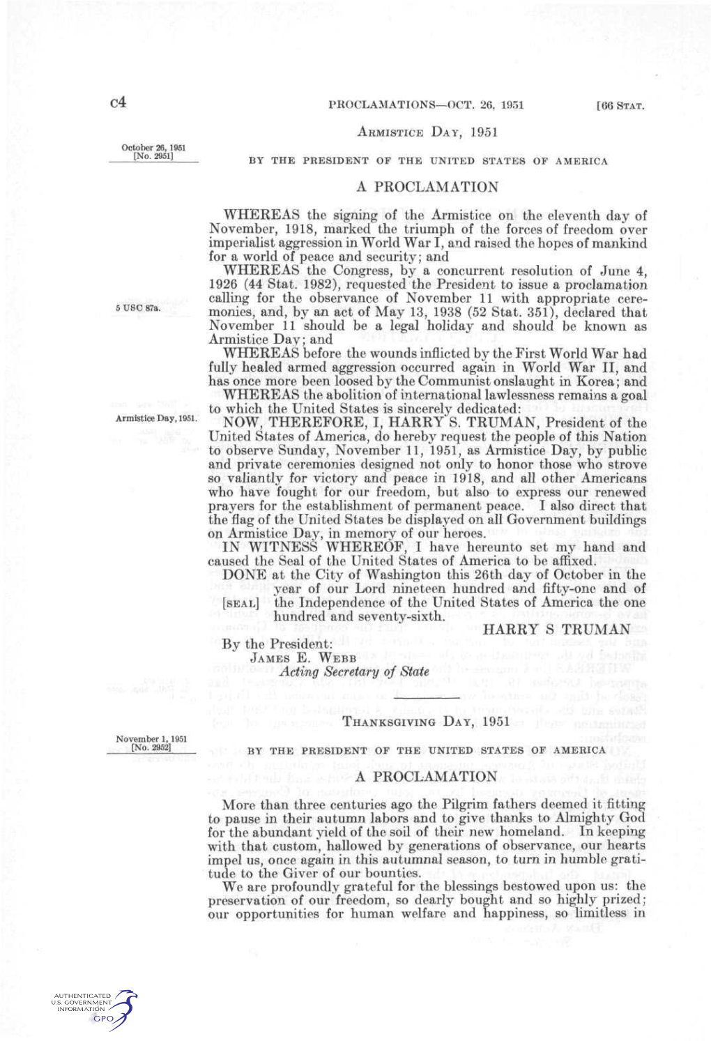 G4 a PROCLAMATION WHEREAS the Signing of the Armistice on The