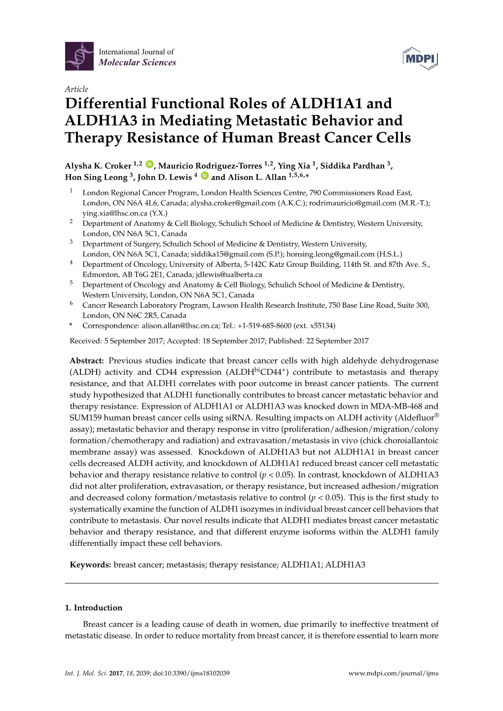 Differential Functional Roles of ALDH1A1 and ALDH1A3 in Mediating Metastatic Behavior and Therapy Resistance of Human Breast Cancer Cells