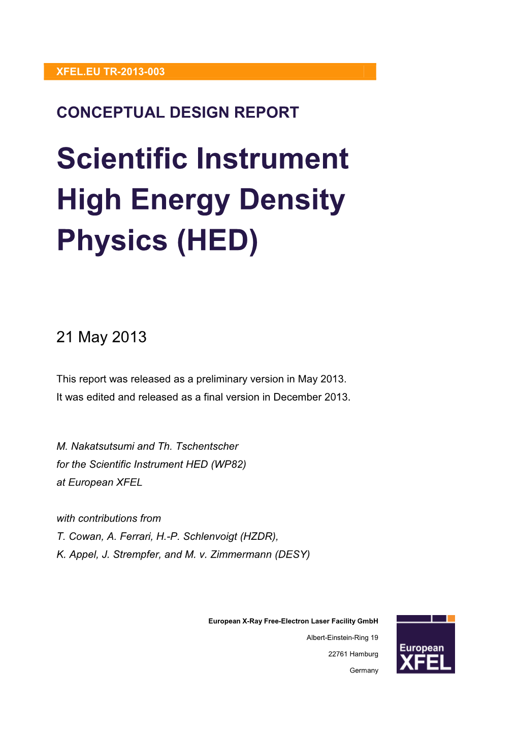 CDR: Scientific Instrument High Energy Density Physics (HED) Contents