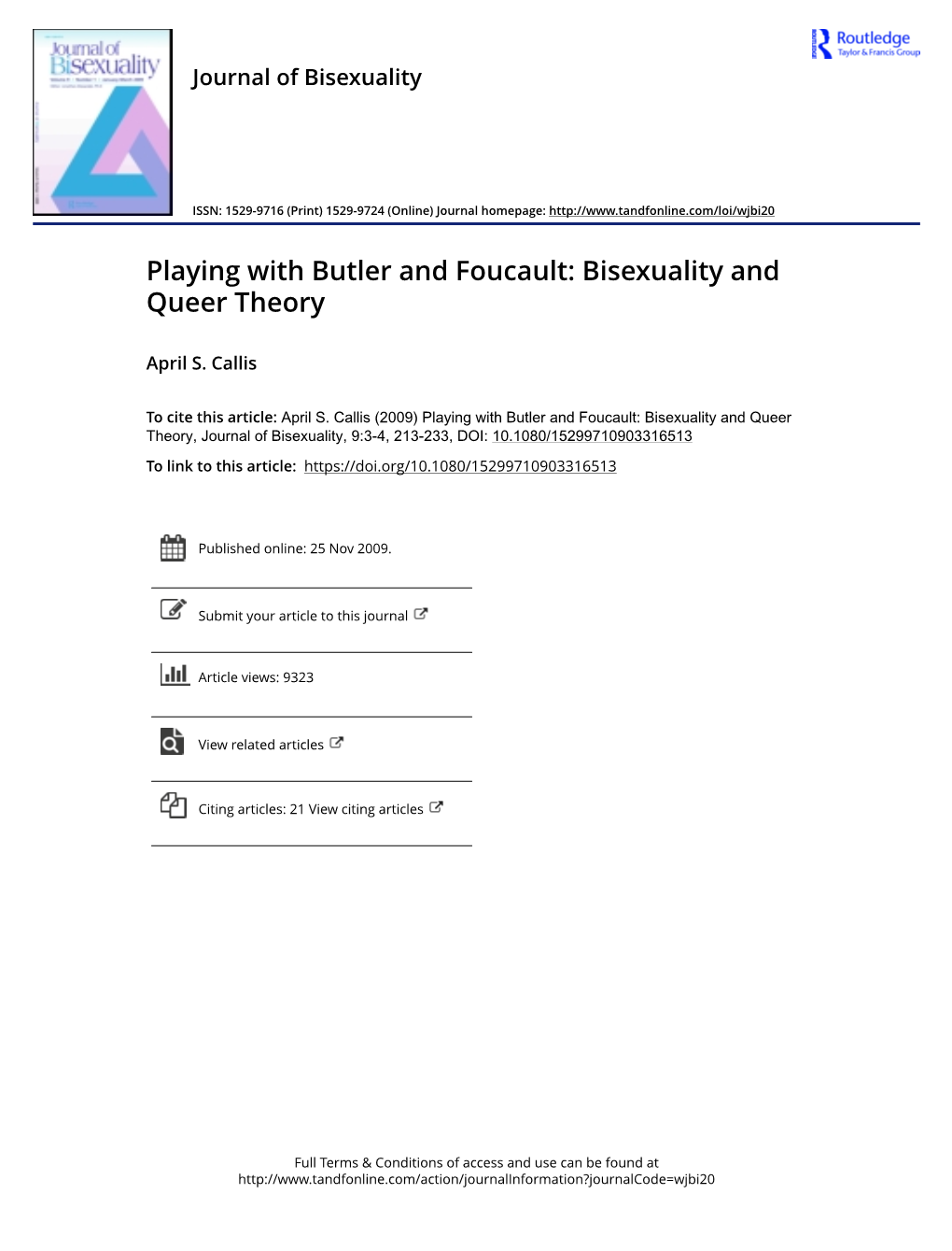 Playing with Butler and Foucault: Bisexuality and Queer Theory