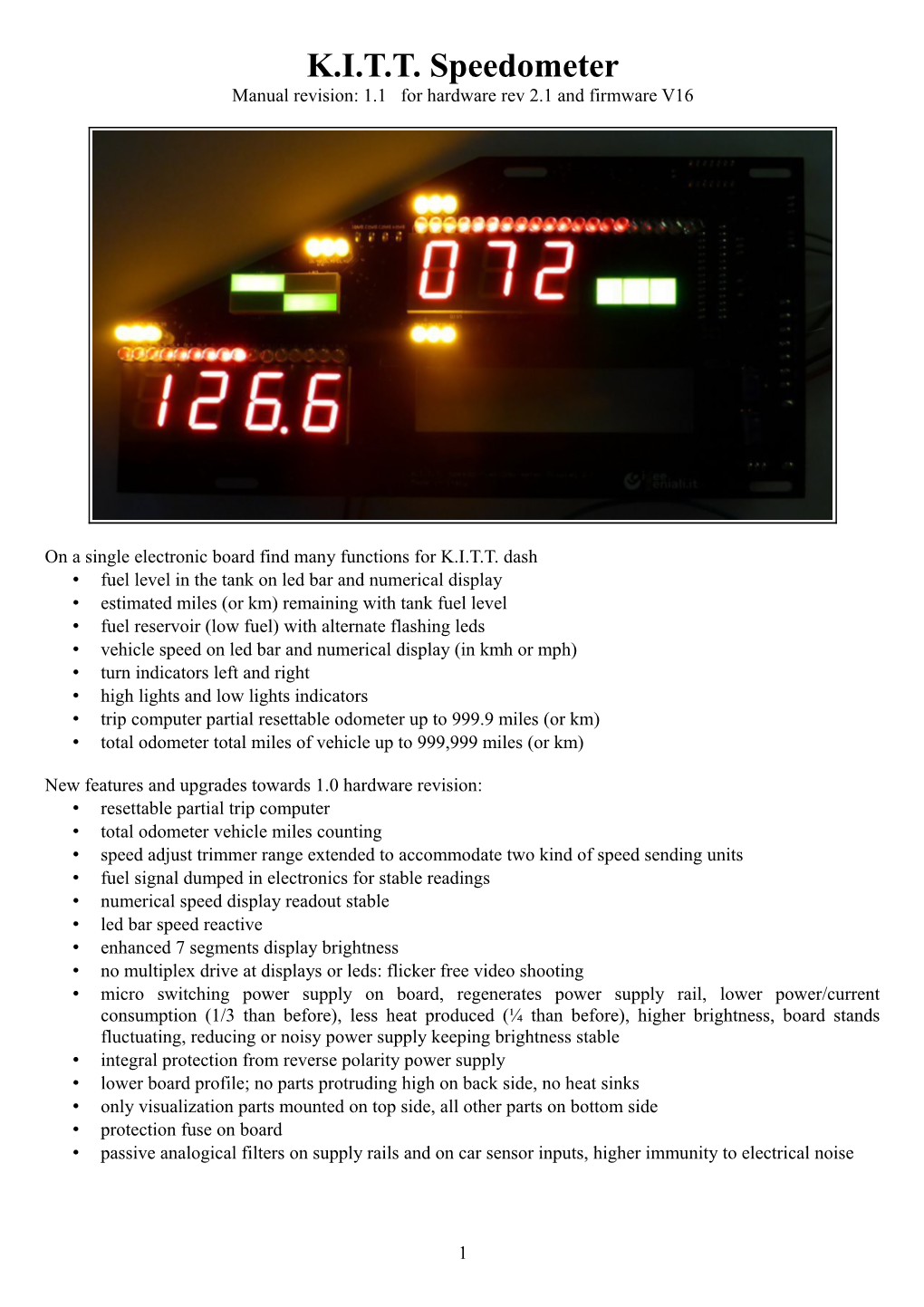 K.I.T.T. Speedometer Manual Revision: 1.1 for Hardware Rev 2.1 and Firmware V16