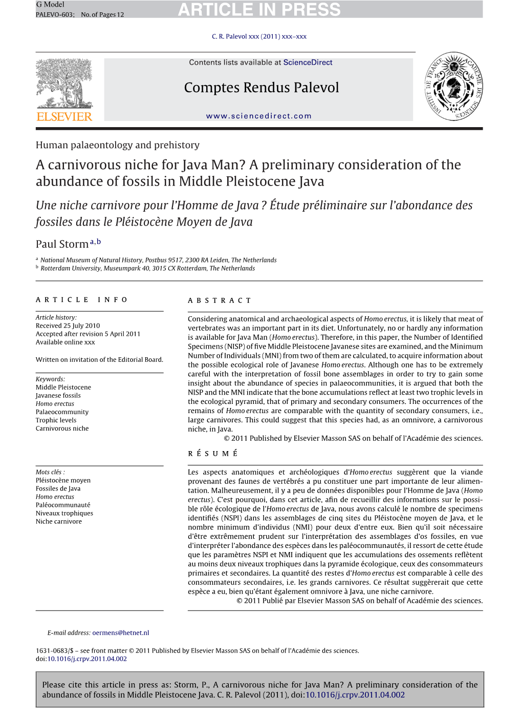 A Carnivorous Niche for Java Man? a Preliminary Consideration of The