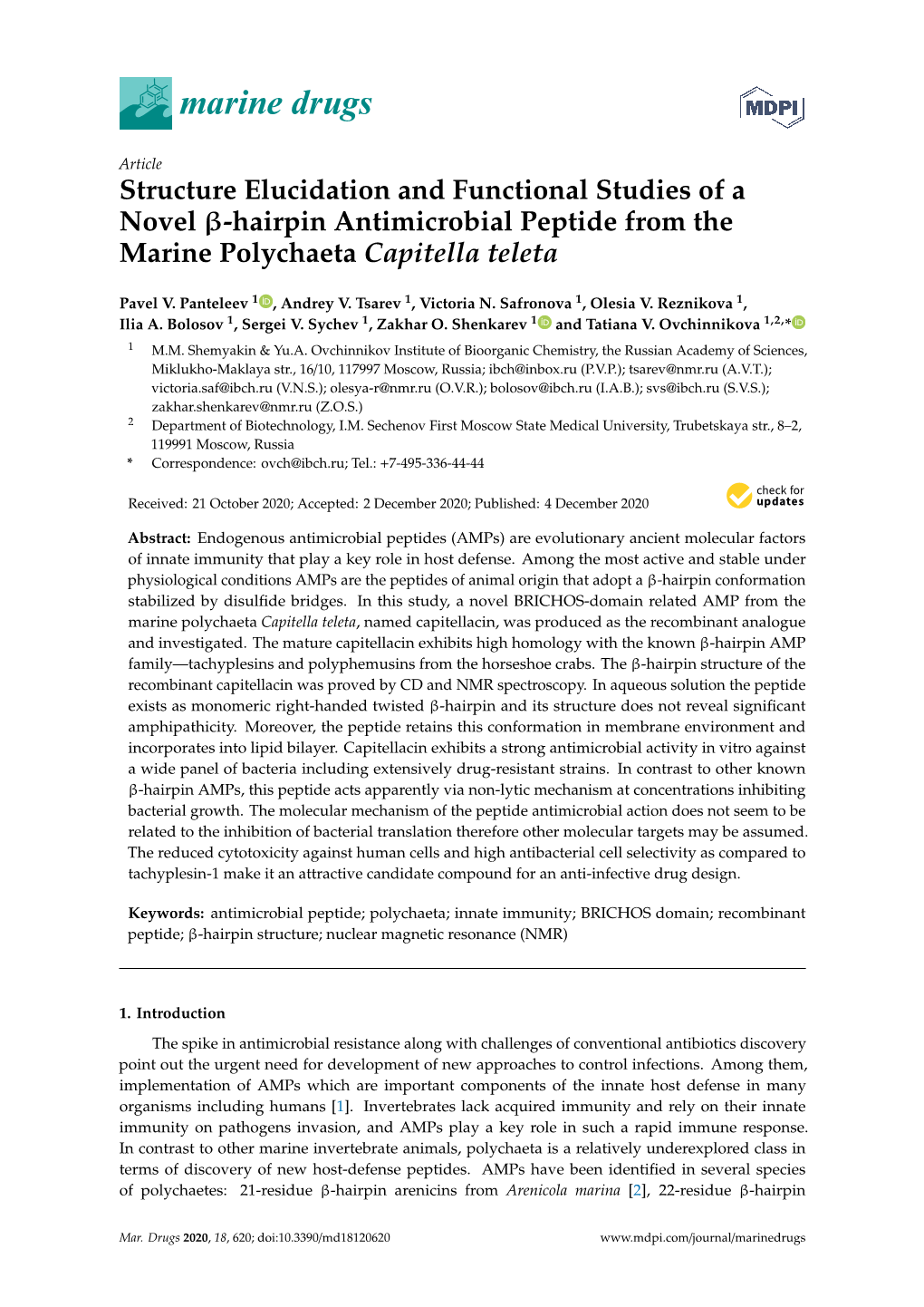 Hairpin Antimicrobial Peptide from the Marine Polychaeta Capitella Teleta