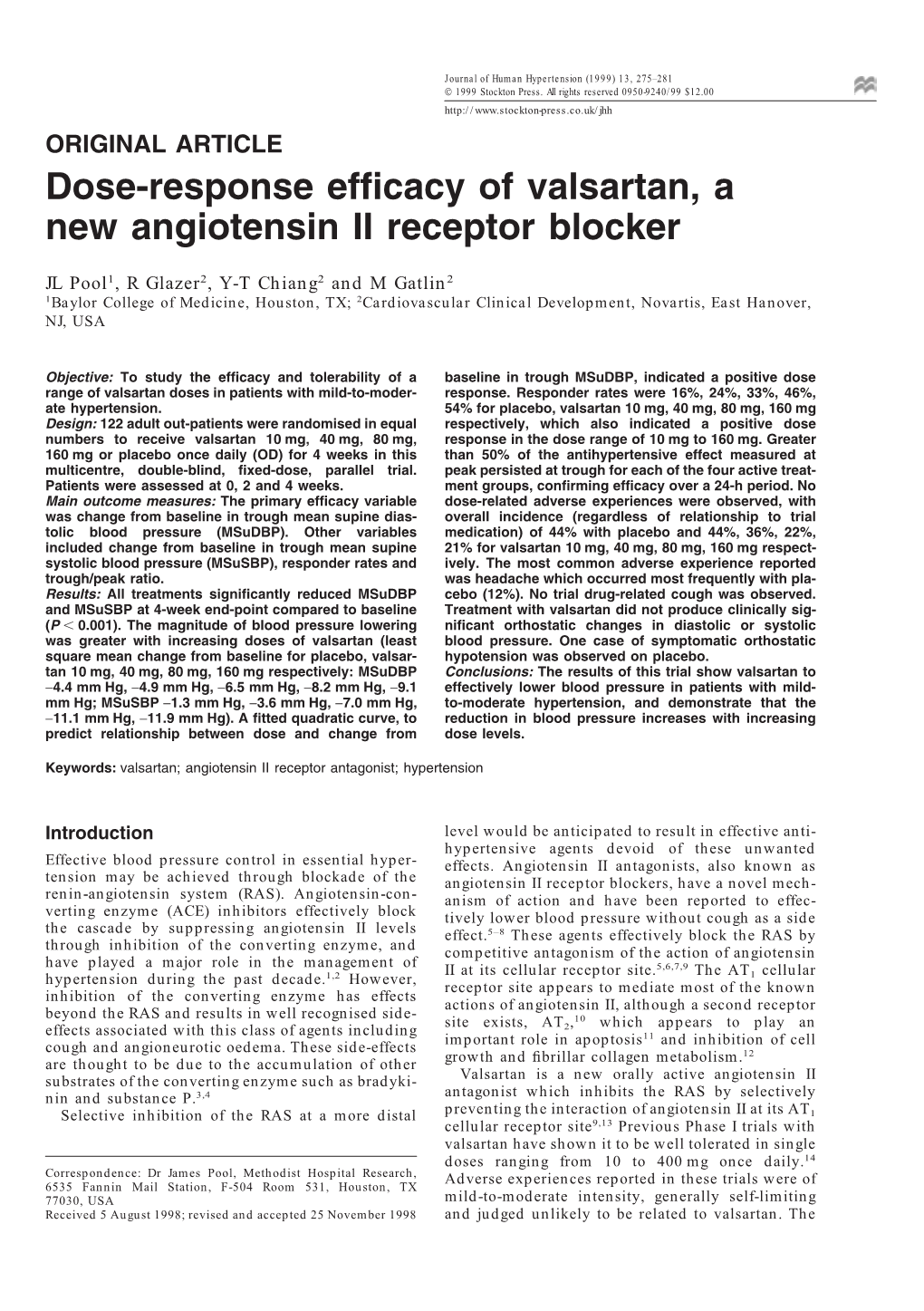 Dose-Response Efficacy of Valsartan, a New Angiotensin II Receptor Blocker