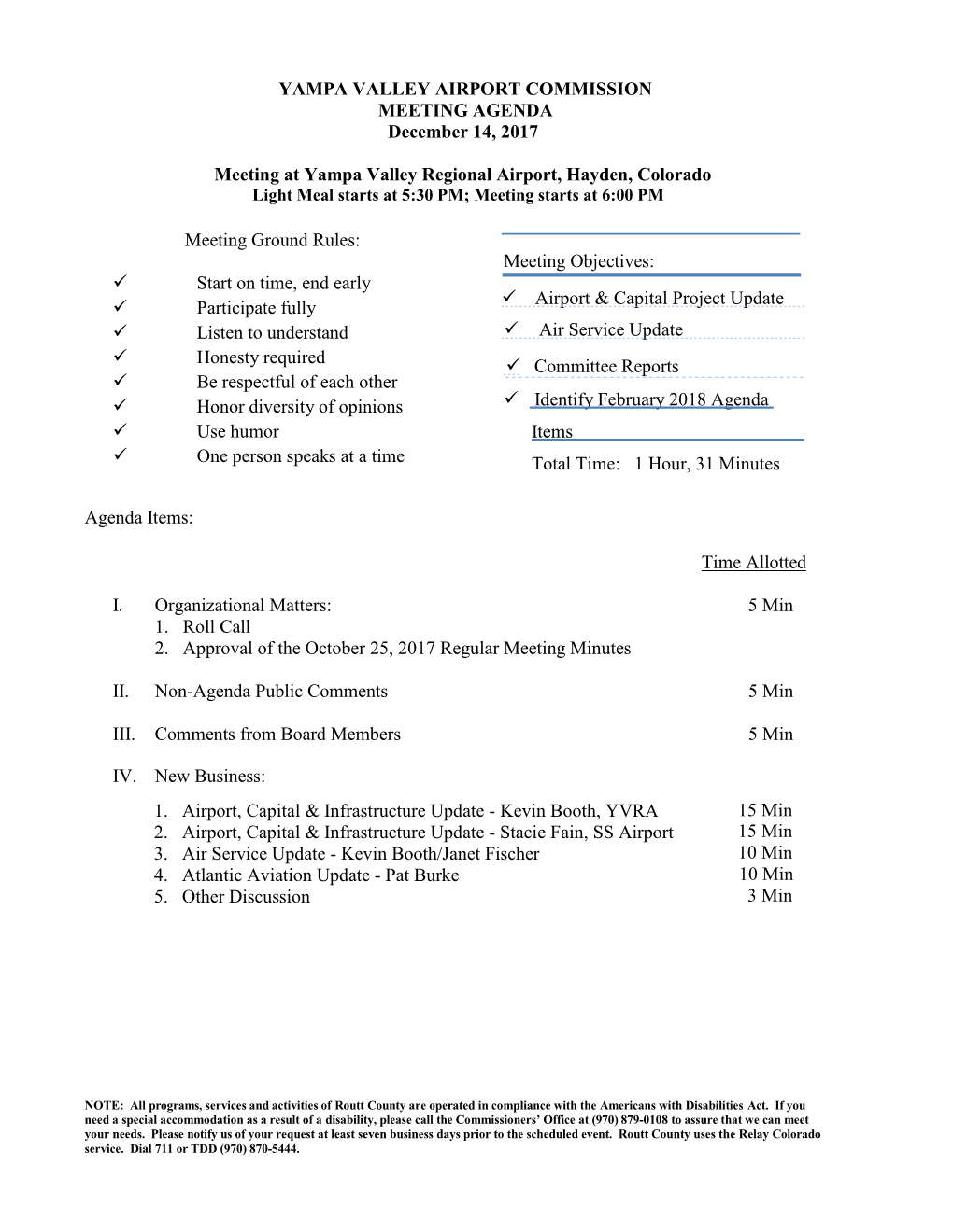 YAMPA VALLEY AIRPORT COMMISSION MEETING AGENDA December 14, 2017