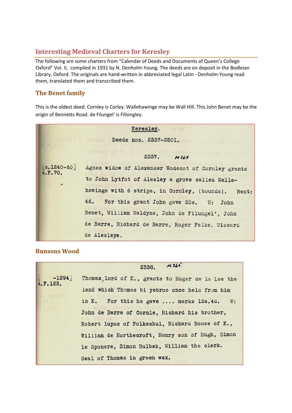 Interesting Medieval Charters for Keresley the Following Are Some Charters from “Calendar of Deeds and Documents of Queen’S College Oxford” Vol