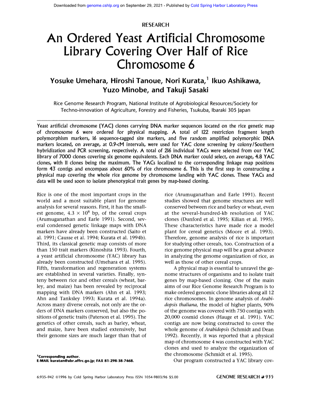 Library Covering Over Half of Rice Chromosome 6 Yosuke Umehara, Hiroshi Tanoue, Nori Kurata, 1 Ikuo Ashikawa, Yuzo Minobe, and Takuji Sasaki