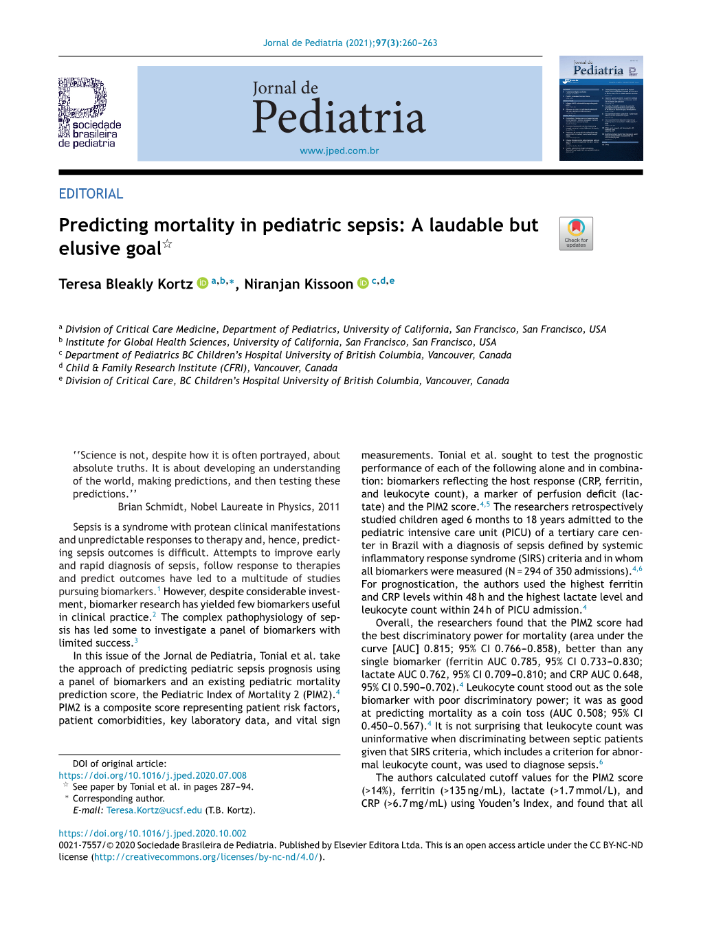 Predicting Mortality in Pediatric Sepsis: a Laudable but ଝ Elusive Goal