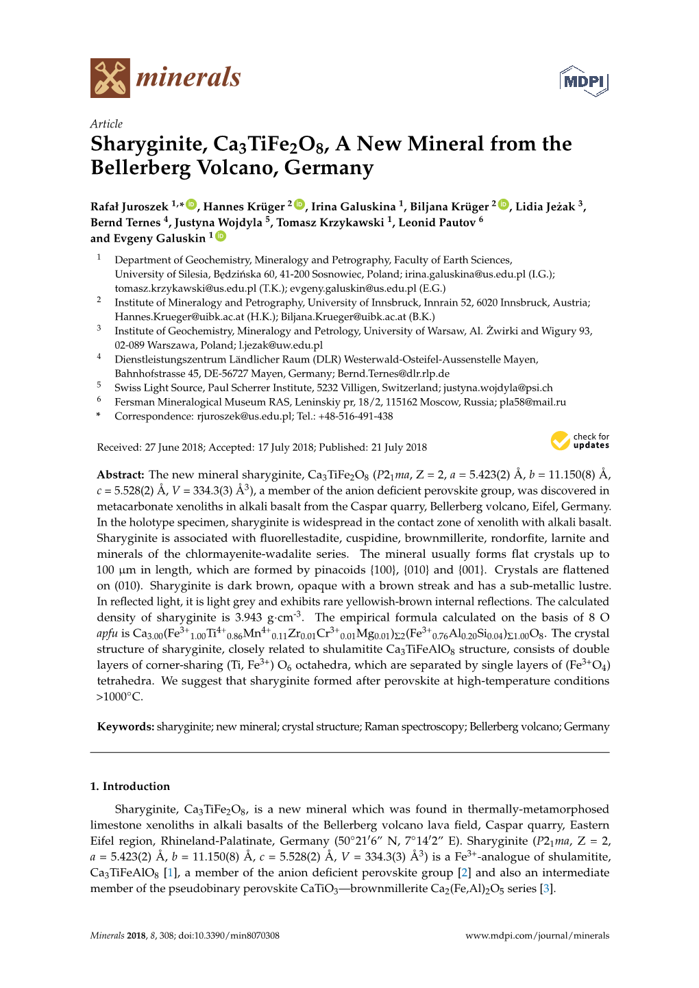 Sharyginite, Ca3tife2o8, a New Mineral from the Bellerberg Volcano, Germany