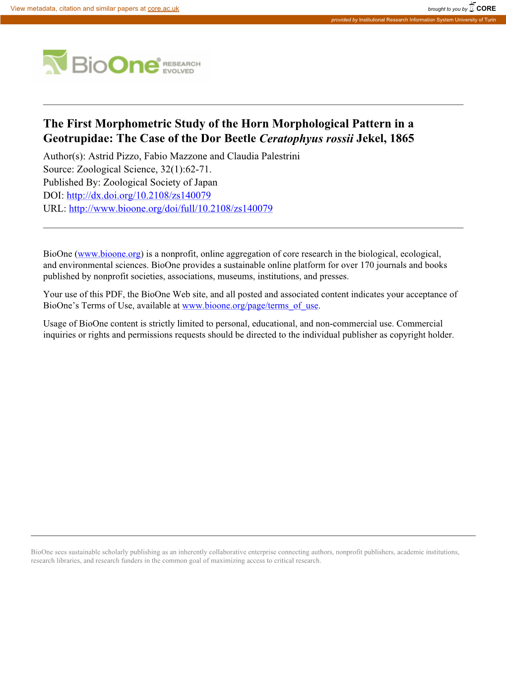 The Case of the Dor Beetle Ceratophyus Rossii Jekel, 1865 Author(S): Astrid Pizzo, Fabio Mazzone and Claudia Palestrini Source: Zoological Science, 32(1):62-71