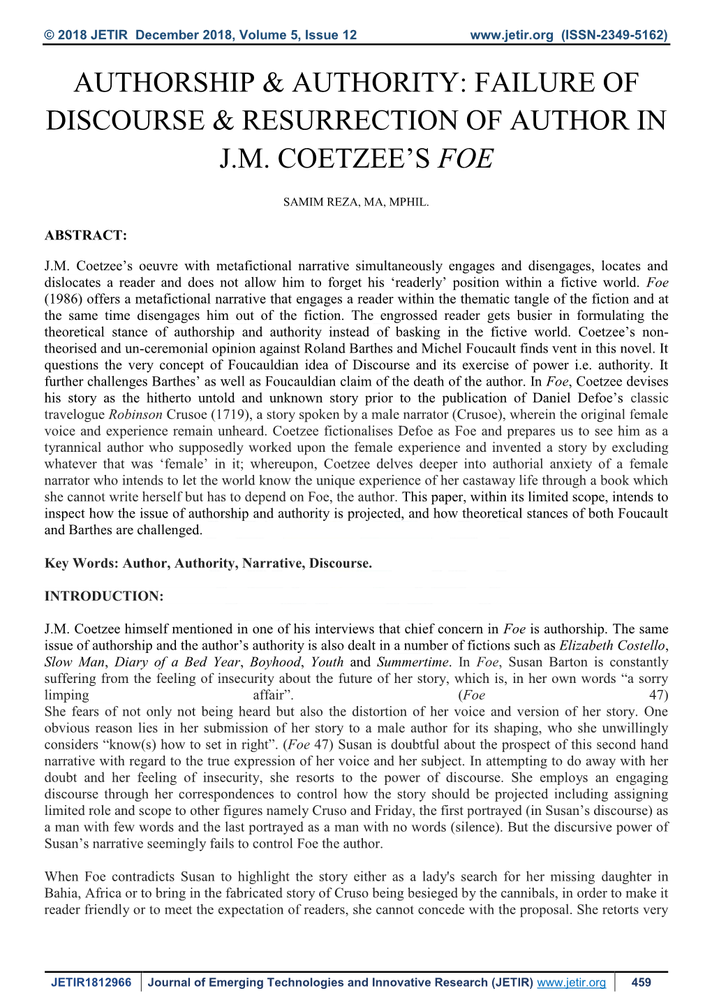 Authorship & Authority: Failure of Discourse & Resurrection of Author in J.M. Coetzee's