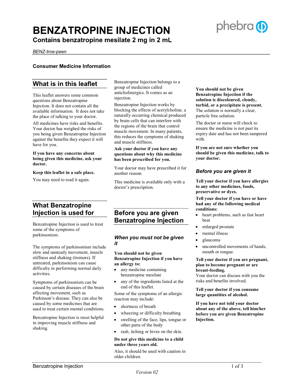 BENZATROPINE INJECTION Contains Benzatropine Mesilate 2 Mg in 2 Ml