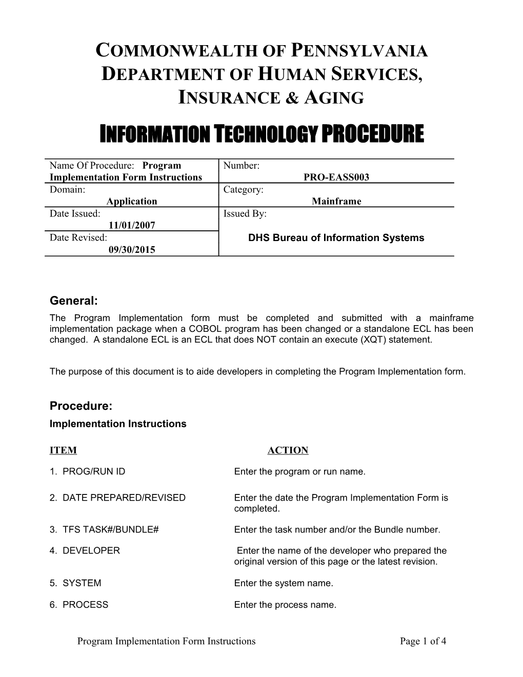 Program Implementation Form Instructions