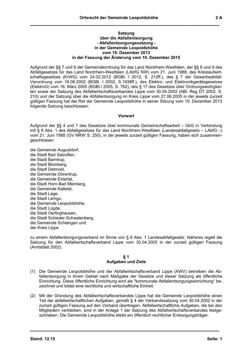 12.15 Seite: 1 Satzung Über Die Abfallentsorgung