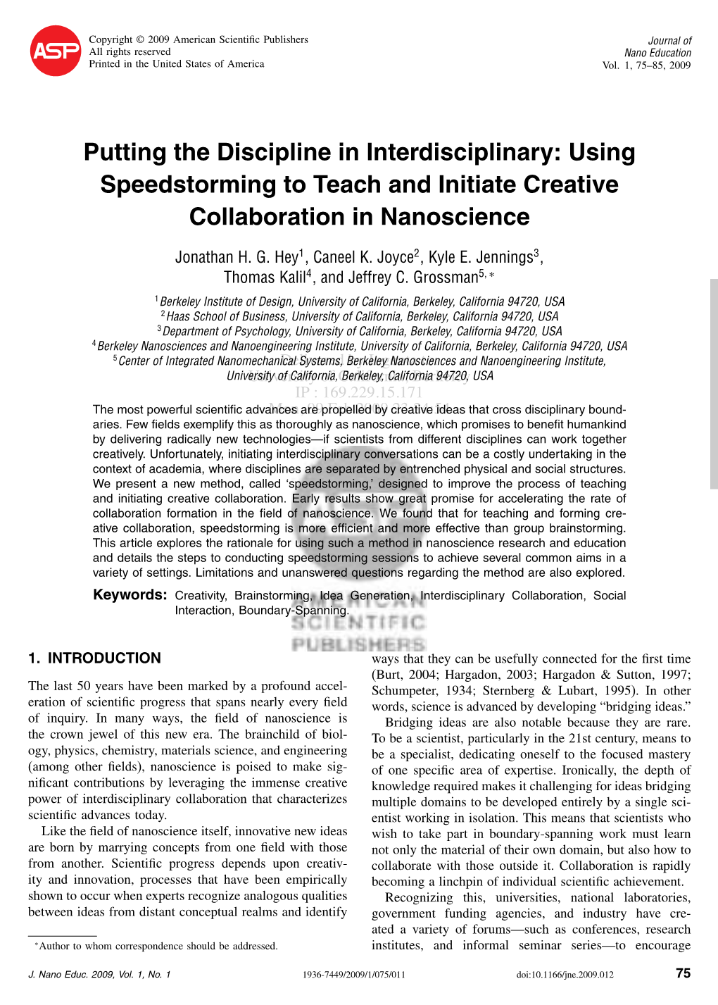 Putting the Discipline in Interdisciplinary: Using Speedstorming to Teach and Initiate Creative Collaboration in Nanoscience