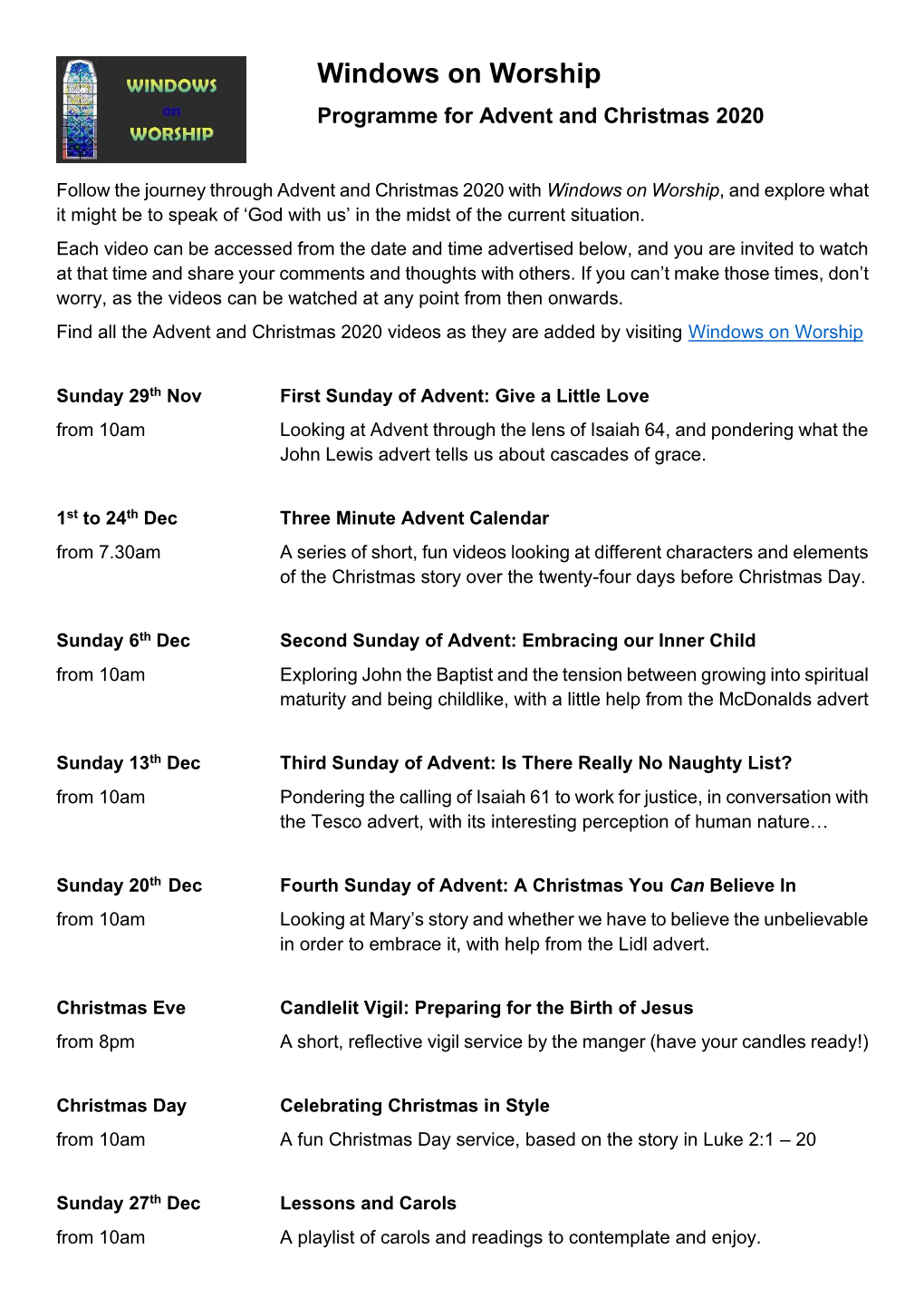 Windows on Worship Programme for Advent and Christmas 2020