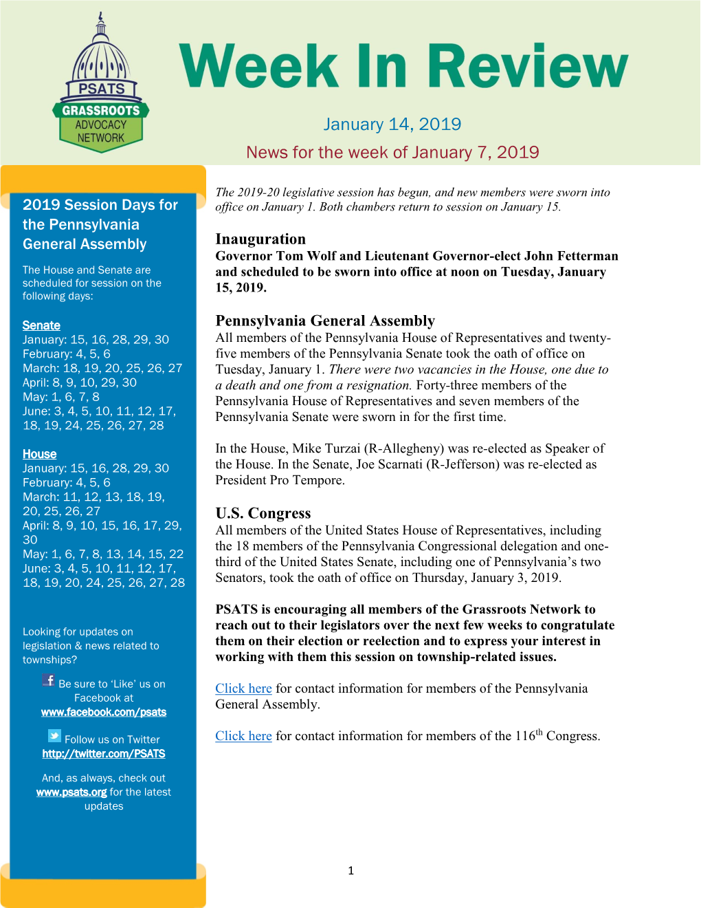 January 14, 2019 News for the Week of January 7, 2019