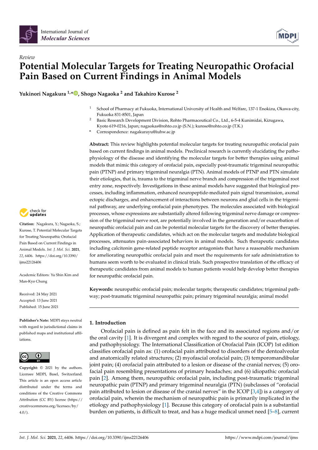 Potential Molecular Targets for Treating Neuropathic Orofacial Pain Based on Current Findings in Animal Models