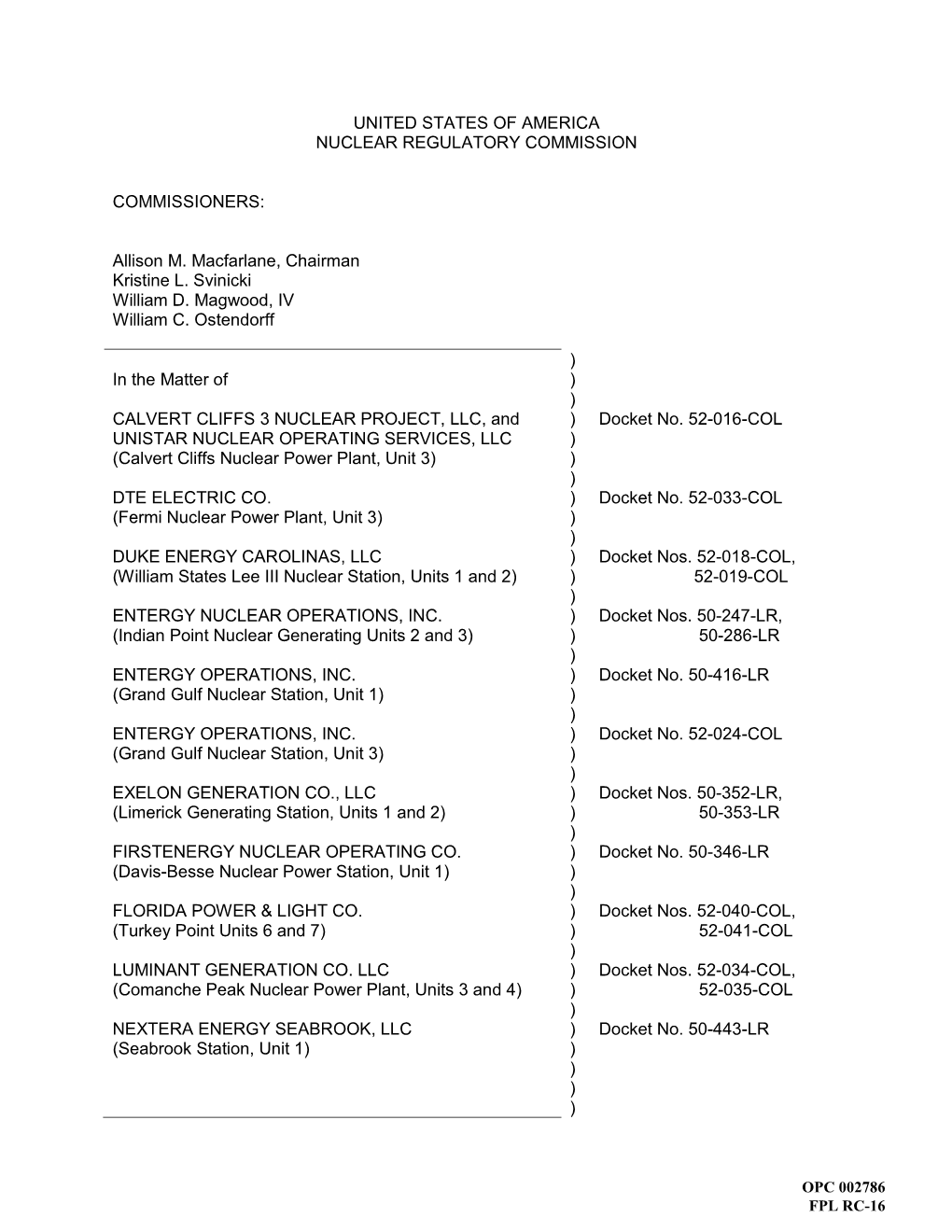 United States of America Nuclear Regulatory Commission