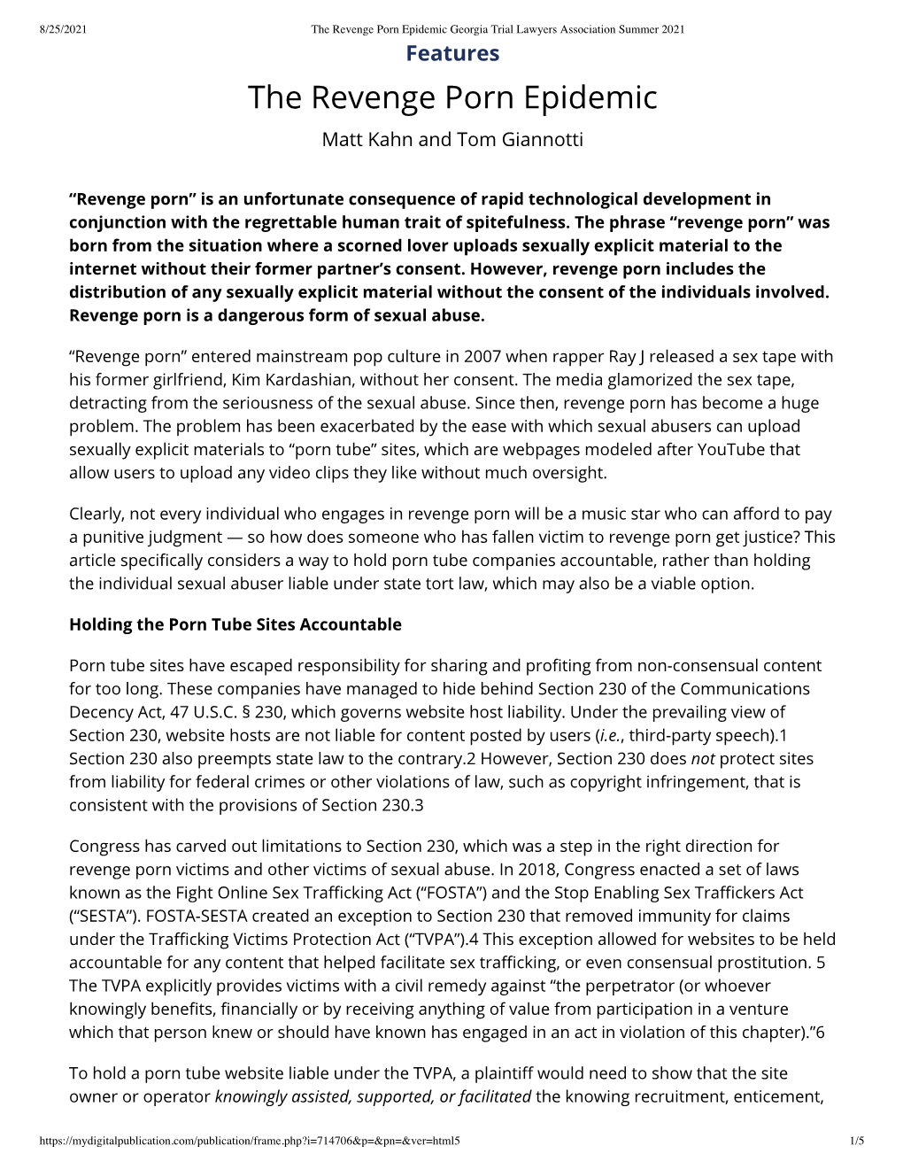 The Revenge Porn Epidemic Georgia Trial Lawyers Association Summer 2021 Features the Revenge Porn Epidemic Matt Kahn and Tom Giannotti