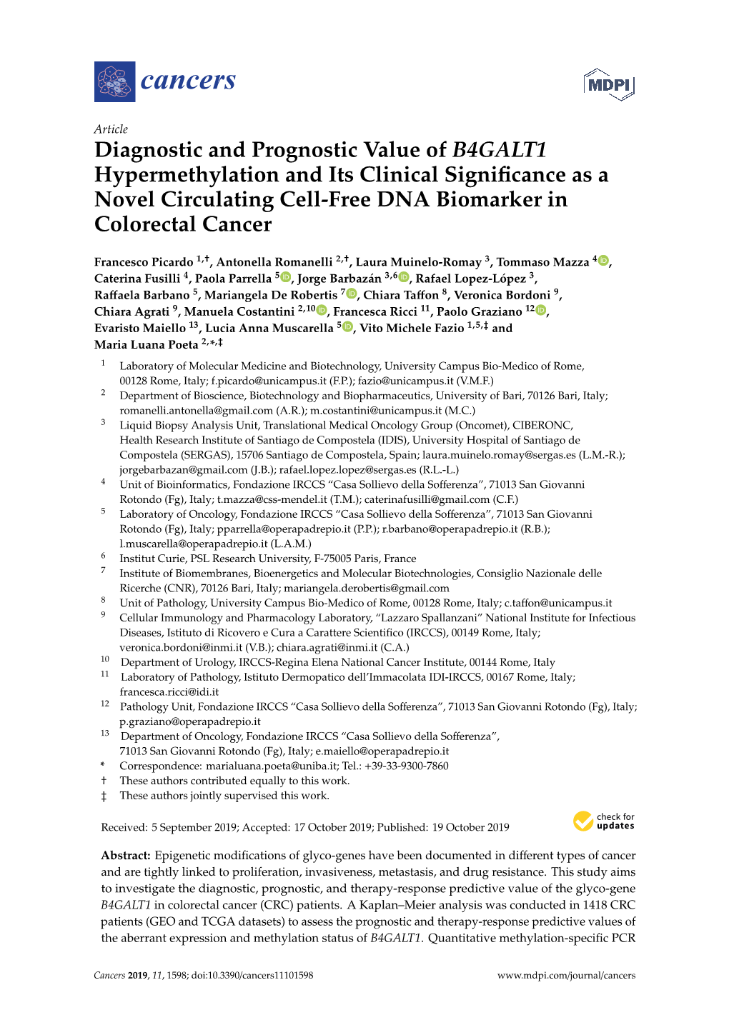 Diagnostic and Prognostic Value of B4GALT1 Hypermethylation and Its Clinical Signiﬁcance As a Novel Circulating Cell-Free DNA Biomarker in Colorectal Cancer