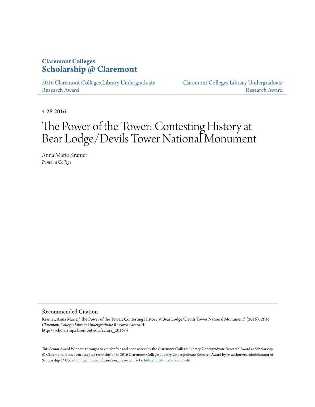 Contesting History at Bear Lodge/Devils Tower National Monument Anna Marie Kramer Pomona College