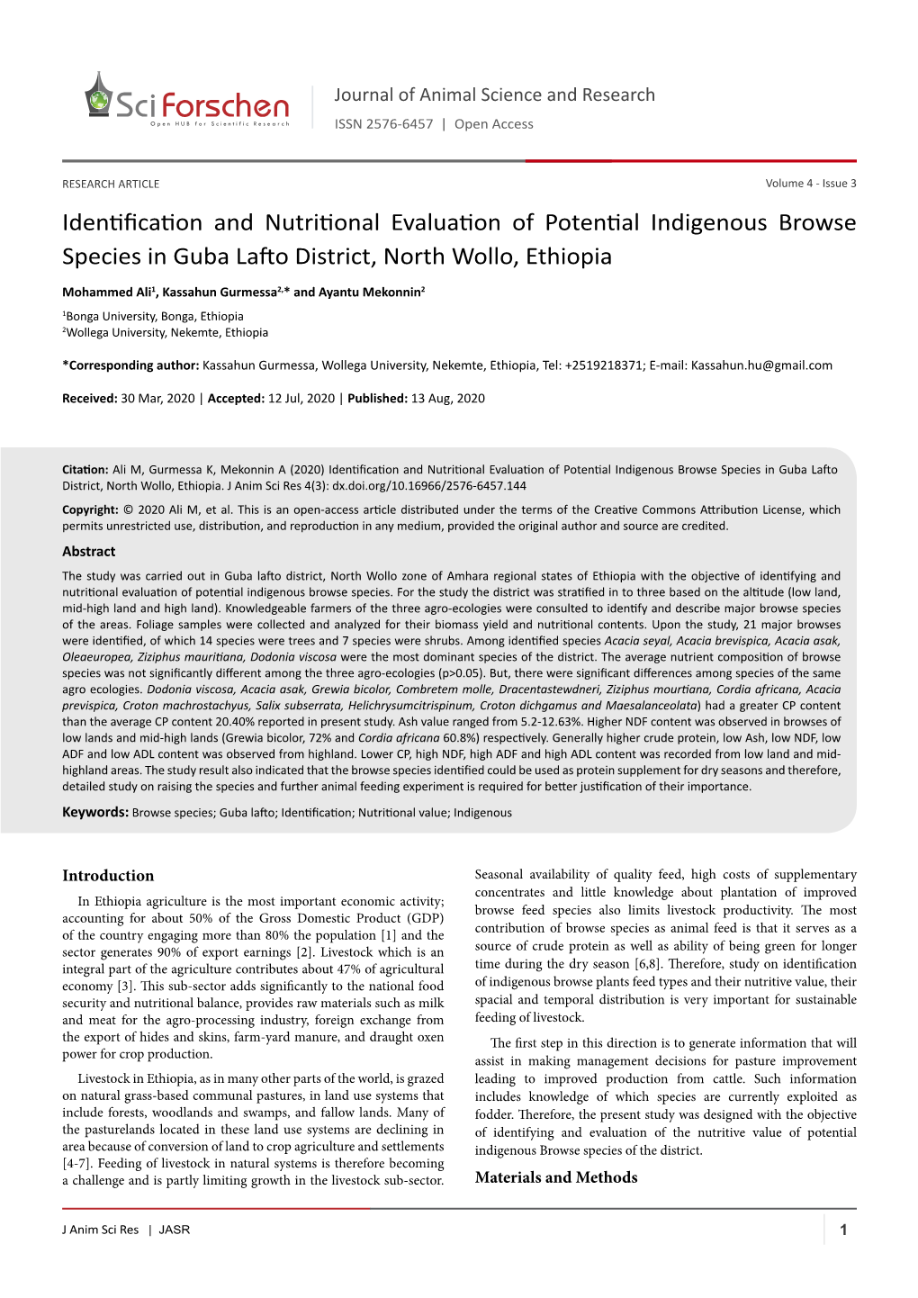 Identification and Nutritional Evaluation of Potential Indigenous Browse Species in Guba Lafto District, North Wollo, Ethiopia