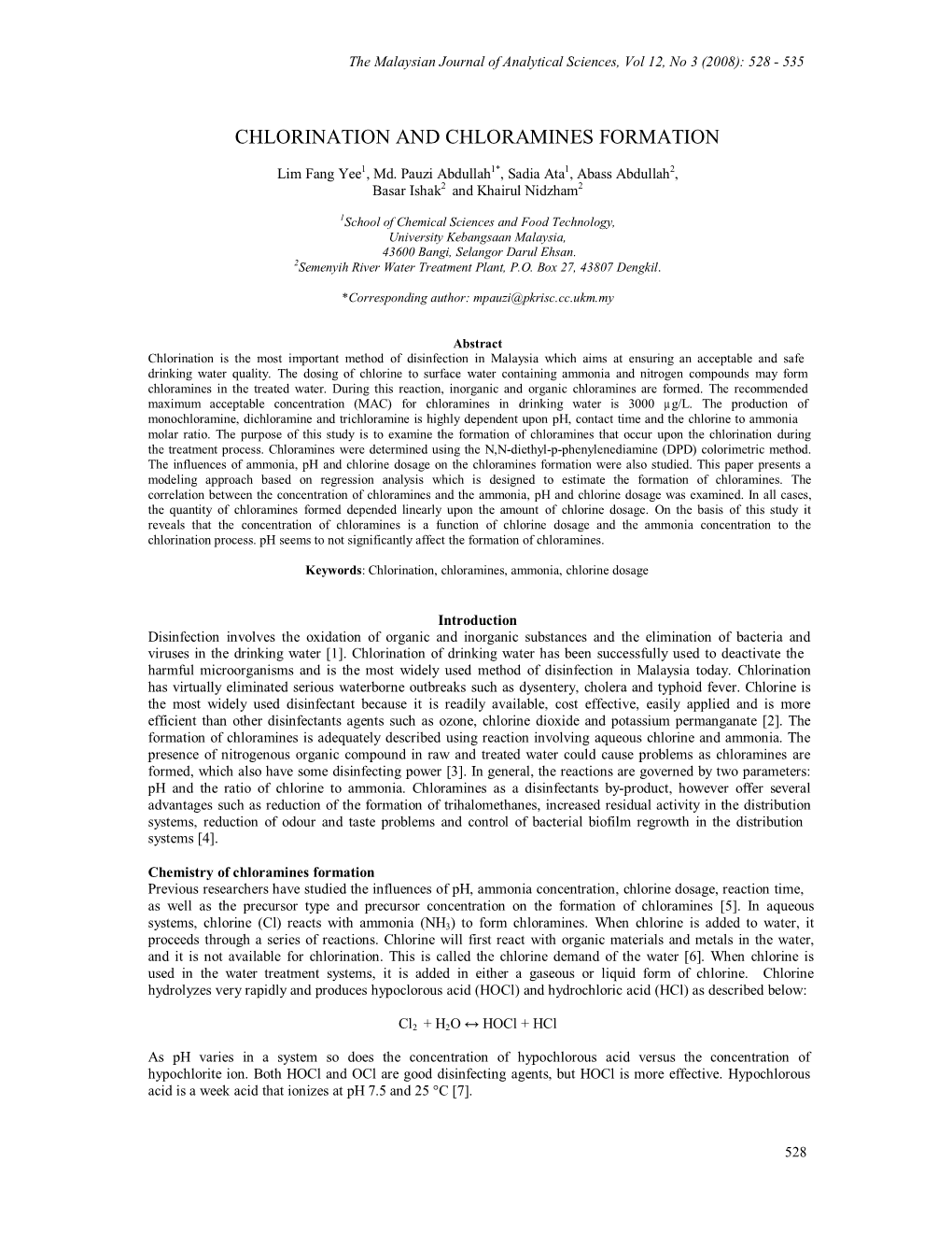 Chlorination and Chloramines Formation