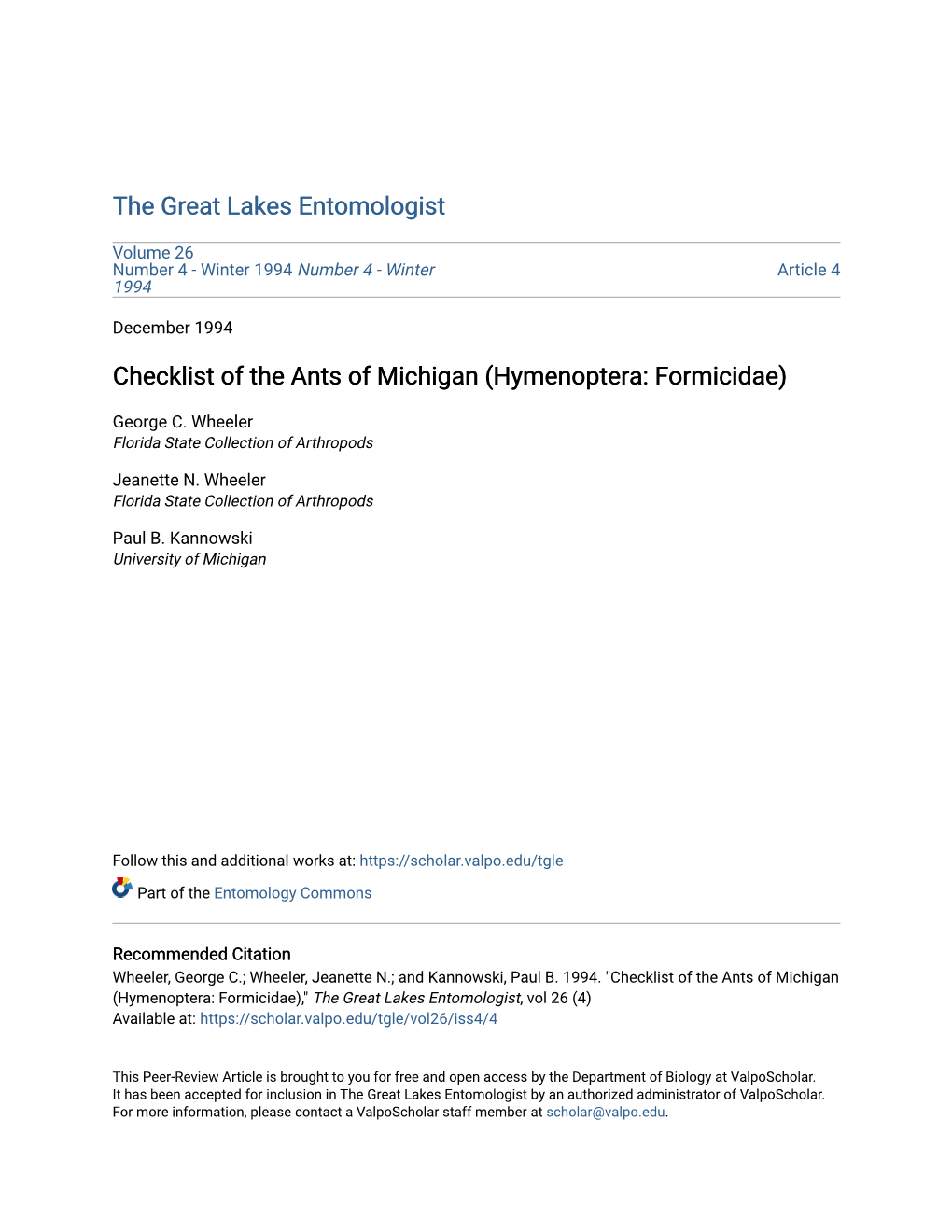 Checklist of the Ants of Michigan (Hymenoptera: Formicidae)