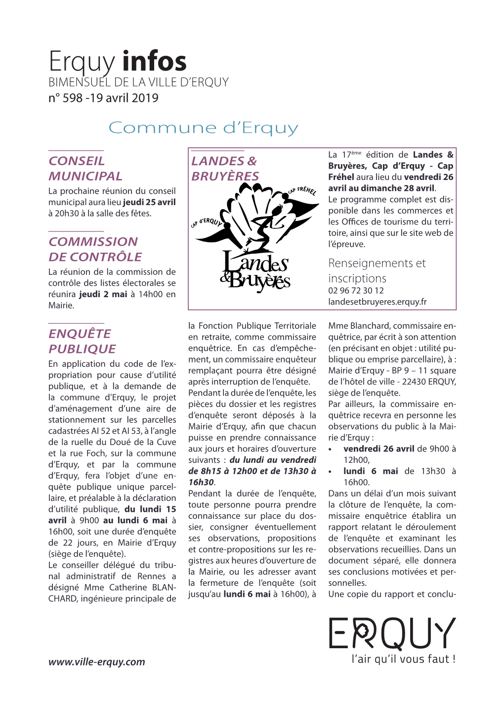 Erquy Infos BIMENSUEL DE LA VILLE D’ERQUY N° 598 -19 Avril 2019 Commune D’Erquy