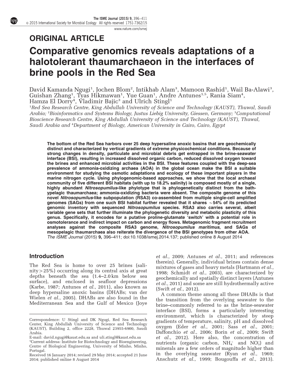 Comparative Genomics Reveals Adaptations of a Halotolerant Thaumarchaeon in the Interfaces of Brine Pools in the Red Sea