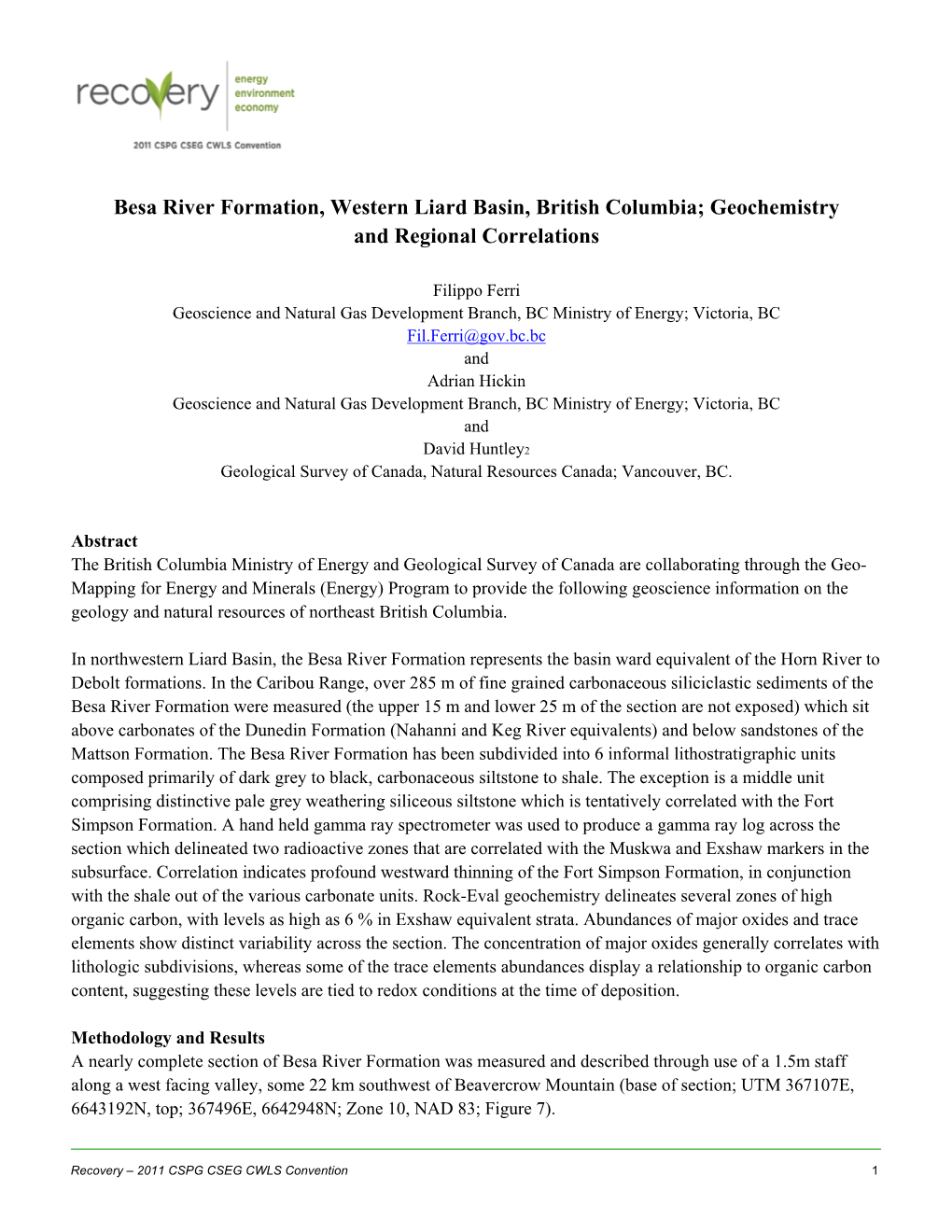 Besa River Formation, Western Liard Basin, British Columbia; Geochemistry and Regional Correlations