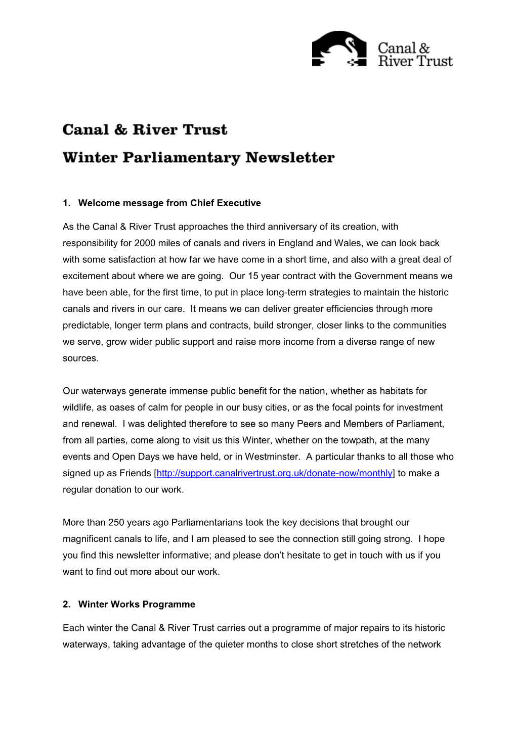 1. Welcome Message from Chief Executive As the Canal & River