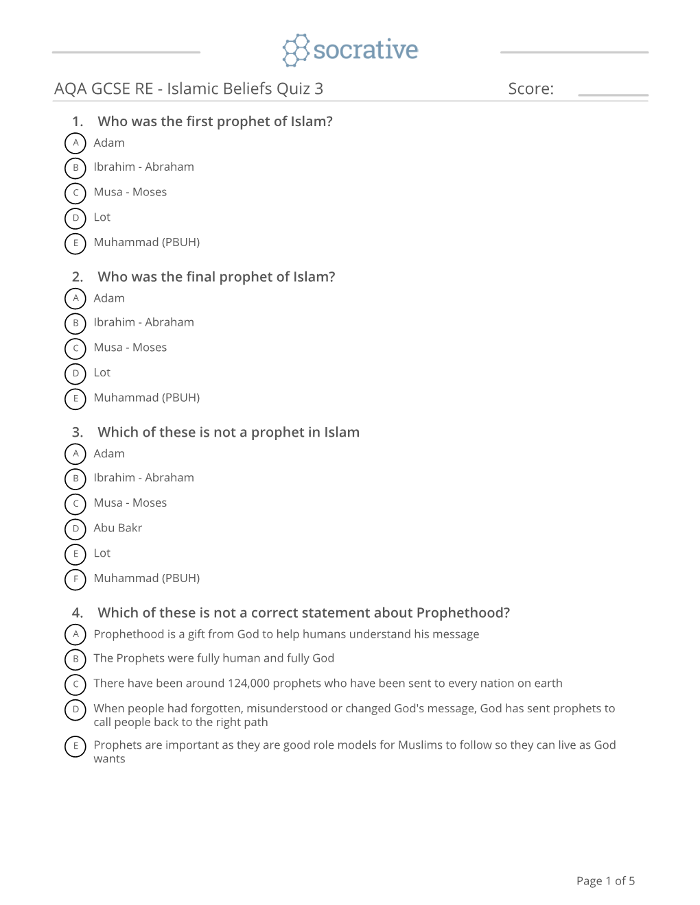 AQA GCSE RE – Islamic Beliefs Quiz 3