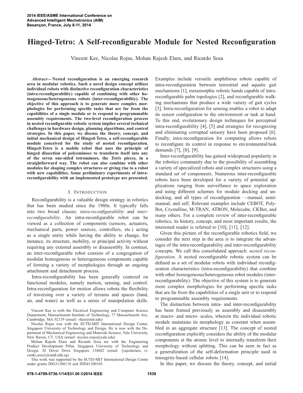 Hinged-Tetro: a Self-Reconﬁgurable Module for Nested Reconﬁguration