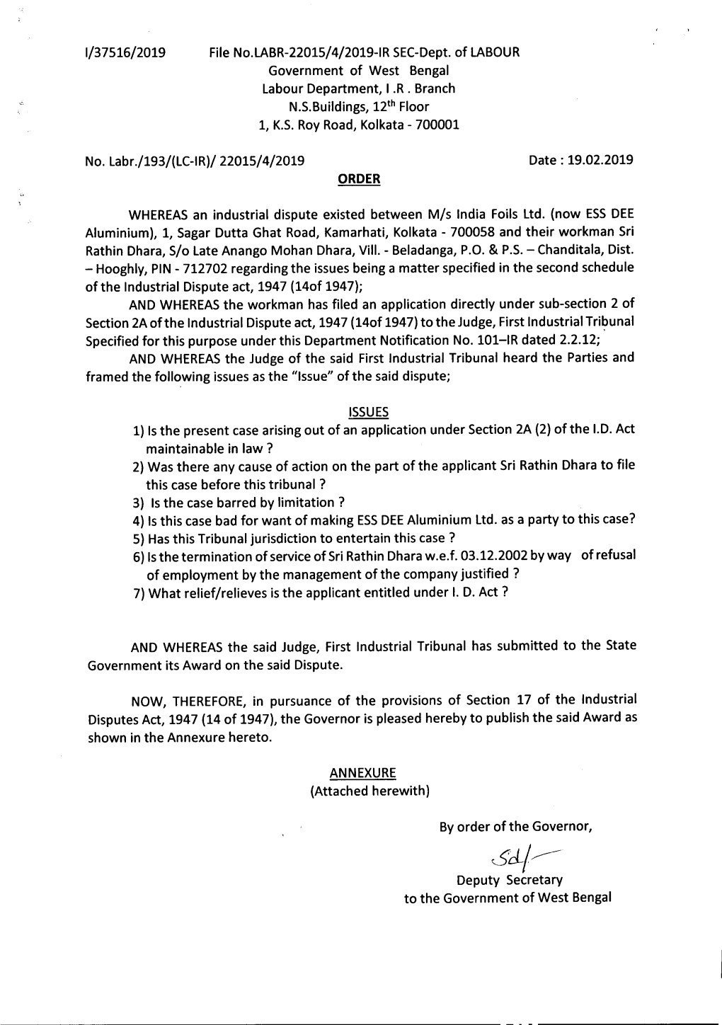 Cl/~ Deputy Secretary to the Government of West Bengal ( 2 )
