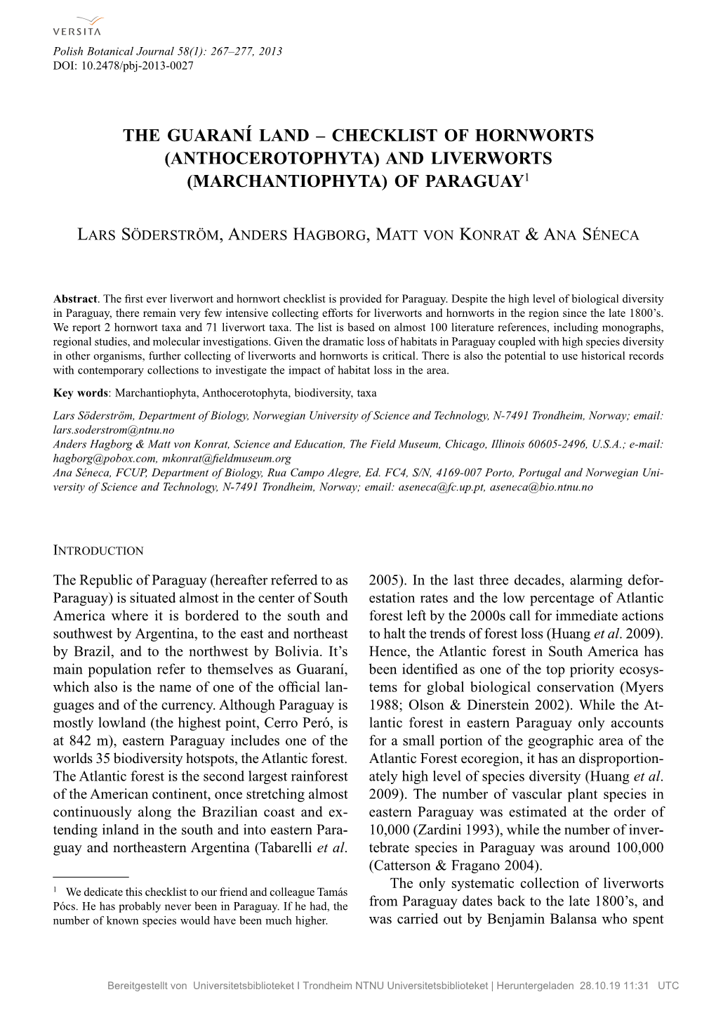 Checklist of Hornworts (Anthocerotophyta) and Liverworts (Marchantiophyta) of Paraguay1